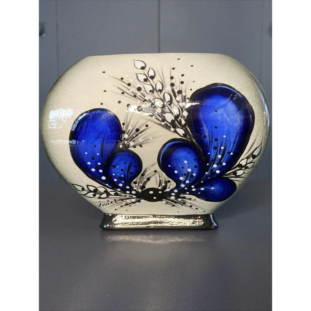 Art Pottery Studio Planter Vase Hand Painted Blue Floral Abstract Artist Signed